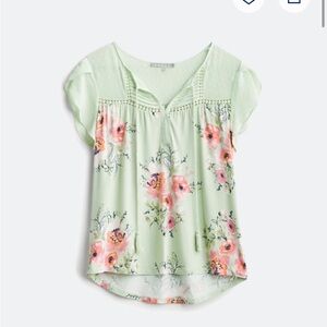 Daniel Rainn Light Green Floral Crochet Yoke Tie-Front Blouse